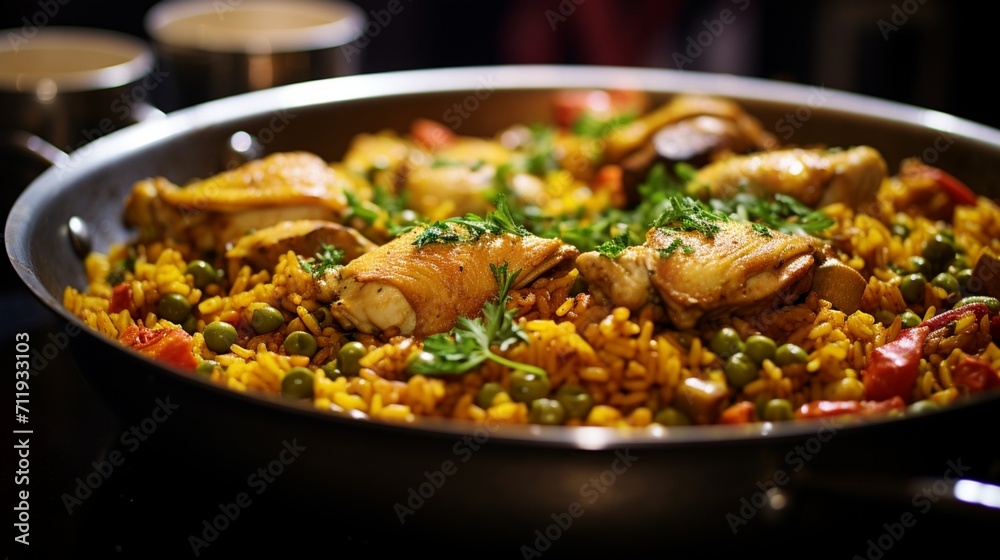 A detailed close-up of a Chicken Paella with a focus on the glossy texture of the rice and the succulent pieces of chicken