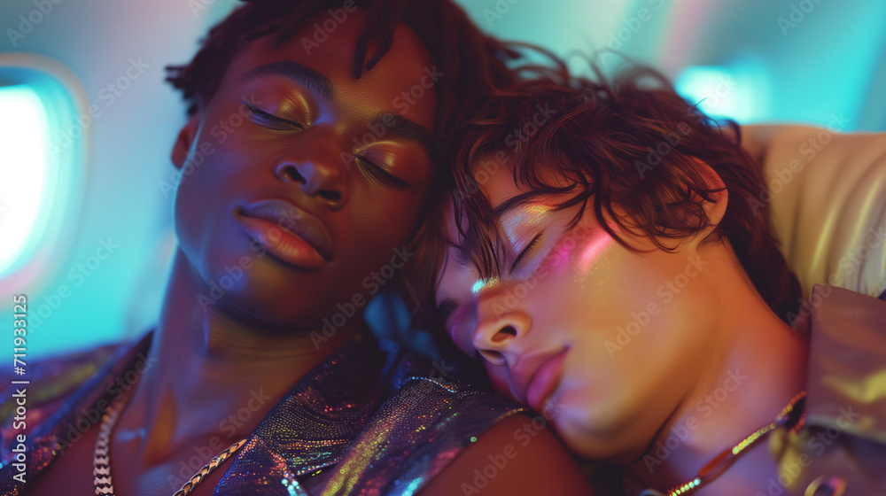 A travelling couple sleeping on an airplane. A travelling couple sleeping on an airplane.