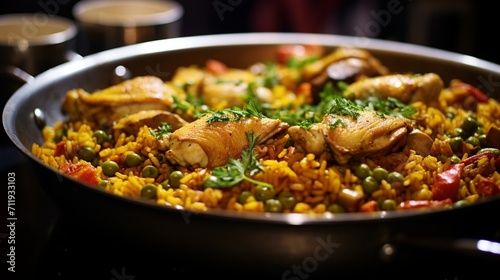 A detailed close-up of a Chicken Paella with a focus on the glossy texture of the rice and the succulent pieces of chicken