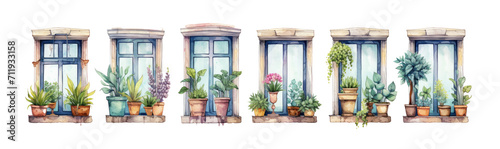 Watercolor set of window ornament set. Hand drawn isolated on transparent background. 