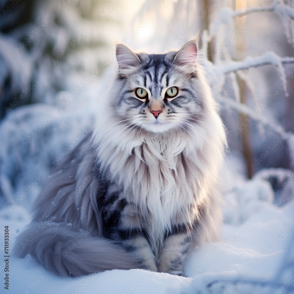 A Norwegian forest cat in a majestic creation of nature on winter day. Norwegian cat with thick, silky fur and keen intelligence in the wild.