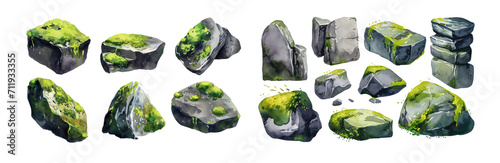Watercolor stones with green moss ornament set. Hand drawn isolated on transparent background.