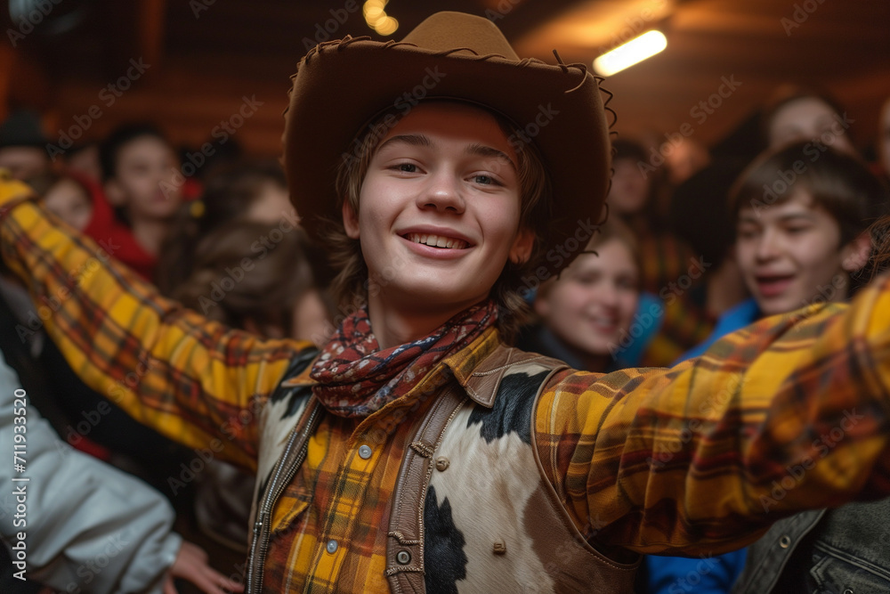 Cowboy Costume, Man at Carnival and Birthday Party, Young Man Celebrating with Friends, Country Dancing, Western Style with Hats and Vintage Clothing Cowboy Costume, Man at Carnival and Birthday Party, Young Man Celebrating with Friends, Country Dancing, Western Style with Hats and Vintage Clothing