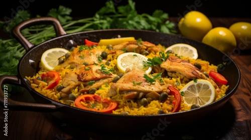 A detailed shot of a Chicken Paella garnished with fresh herbs and lemon wedges, adding a burst of color and flavor to the dish