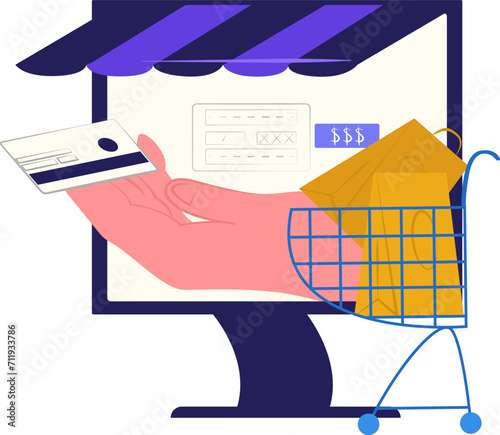 Hand holding credit card in front of computer screen, online shopping concept with cart full of packages. E-commerce and secure payment vector illustration. photo