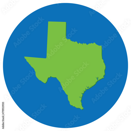 Texas state map in globe shape green with blue round circle color. Map of the U.S. state of Texas.