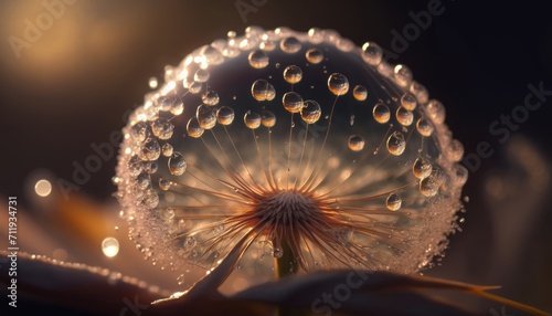 A close up of a dandelion with dewdrops. 