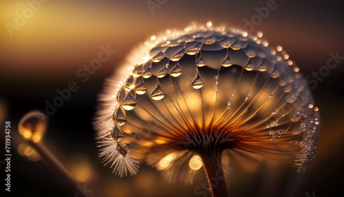 A close up of a dandelion with dewdrops. 