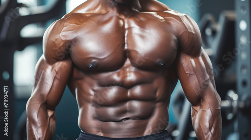 Muscular black bodybuilder showcasing a chiseled torso with pronounced abs and pecs in a gym setting, reflecting dedication to fitness and health