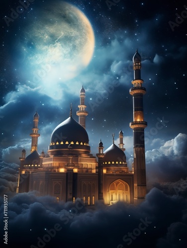 Beautiful Mosque flying through the clouds in the night sky. The moon creates light. The Milky Way begins to appear. copy space - generative ai © Nia™