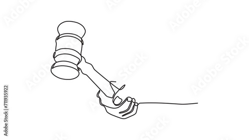 Continuous one line animation. Hand drawn animated motion graphic element of a hand holding a judge's gavel. concept of court, lawyer, related to the law of justice. 4k videos photo