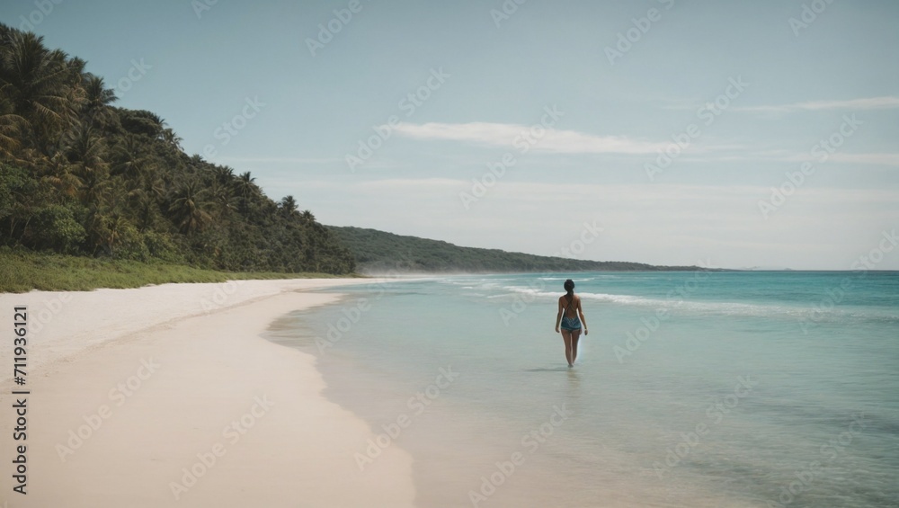 A serene beach scene with crystal clear waters and a lone figure walking along the shore. Nature, holidays and meditation concept. Healthy lifestyle idea. Copy space.