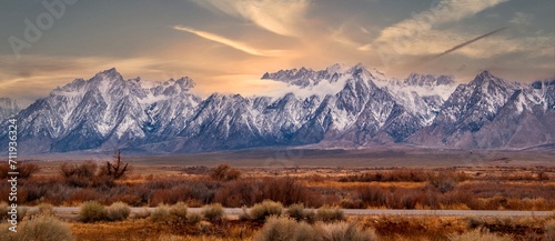 High Sierra mountains panorama with colorful sky at sunset. Mt Whitney. Lone Pine. California. USA