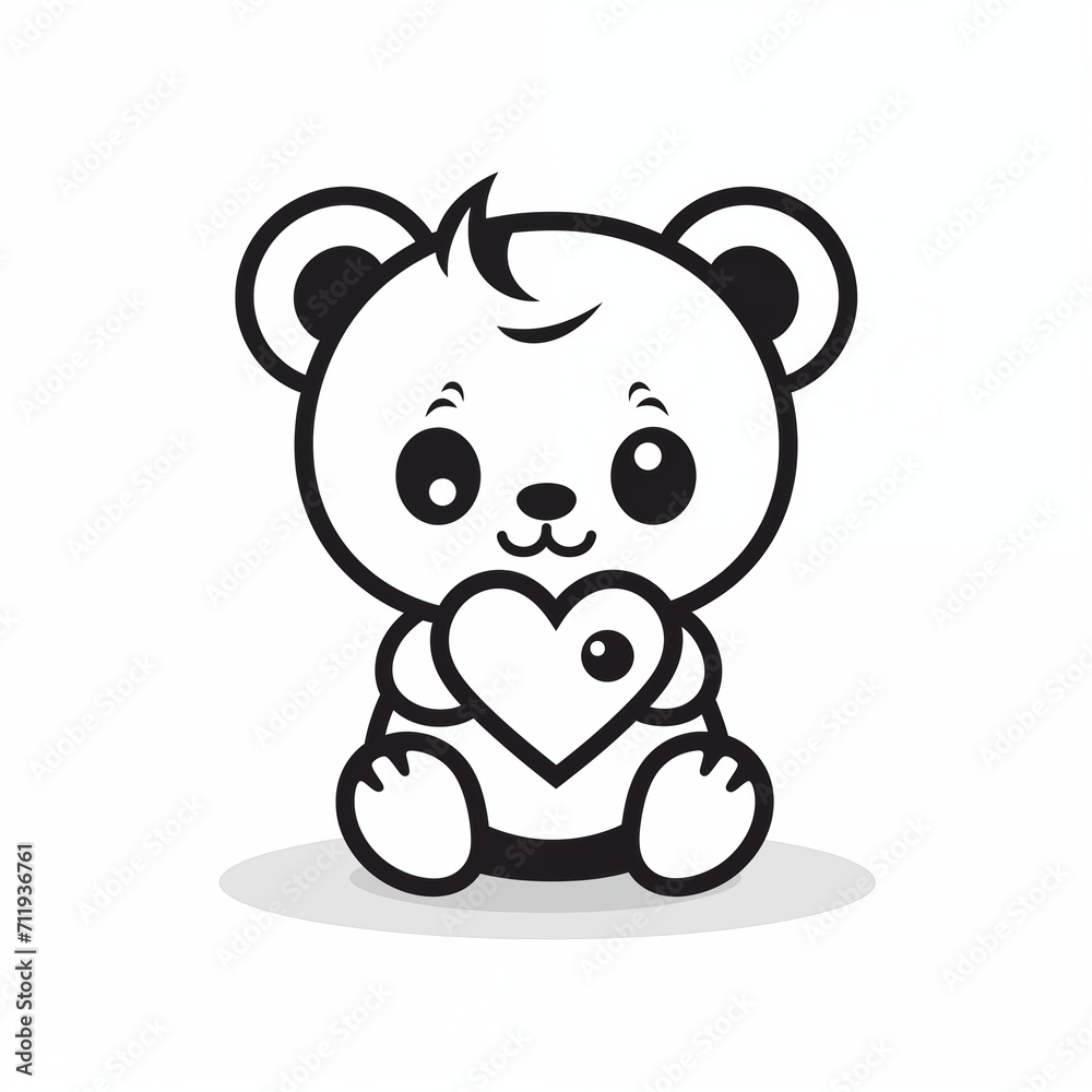 Cute Valentines day Bear Outline Holding a Heart black and white clip art vector illustration generative ai Cute Valentines day Bear Outline Holding a Heart black and white clip art vector illustration generative ai