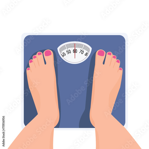 Top view of female feet standing on weighing scale
