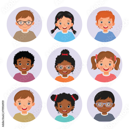 Set of happy diverse children head face avatars