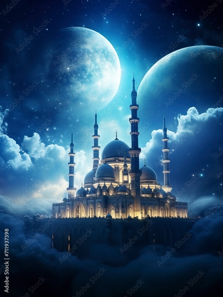 Beautiful Mosque flying through the clouds in the night sky. The moon creates light. The Milky Way begins to appear. copy space - generative ai
