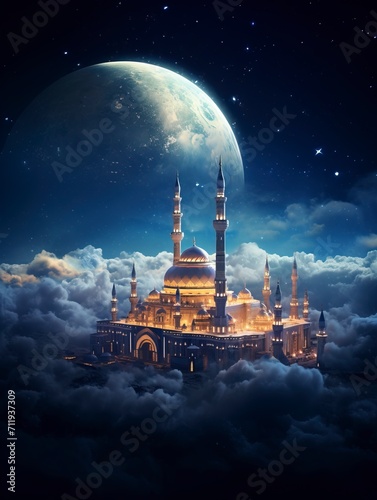 Beautiful Mosque flying through the clouds in the night sky. The moon creates light. The Milky Way begins to appear. copy space - generative ai photo