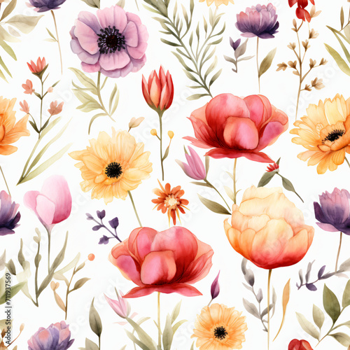 Seamless pattern of Asian flowers, watercolor, Wrapping paper pattern