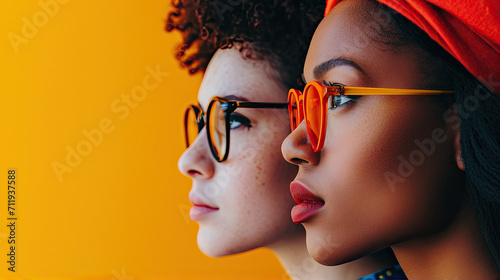 women in glasses on an orange background 