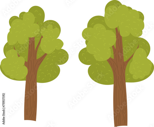 Two cartoon trees with green foliage and brown trunks isolated on white backg...