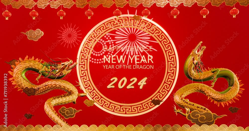 Background image for Chinese New Year 2024. New Year greeting theme: Flying golden dragon and auspicious red. Traditional Chinese red auspicious lantern. 3D Rendering	