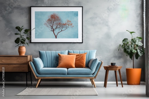 Blue and orange living room interior with mid-century modern furniture