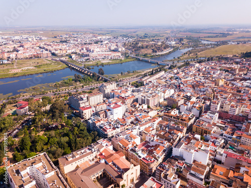 Aerial panoramic view of modern cityscape of Badajoz with Guadiana river, Spain © JackF