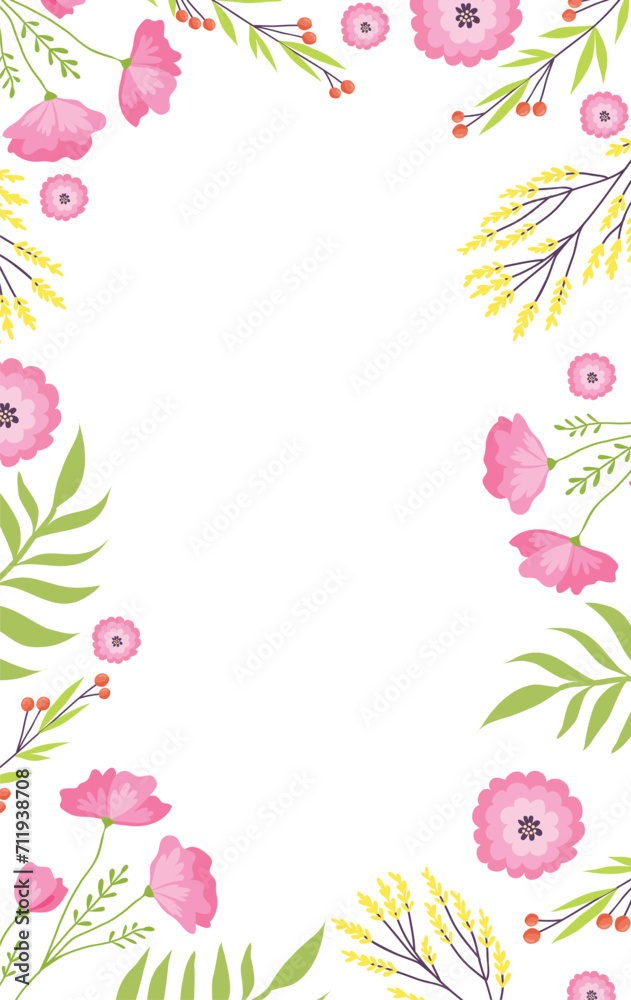 Floral frame with pink flowers and green leaves. Invitation or greeting card border design. Spring botanical frame, wedding card decor vector illustration. Floral frame with pink flowers and green leaves. Invitation or greeting card border design. Spring botanical frame, wedding card decor vector illustration.