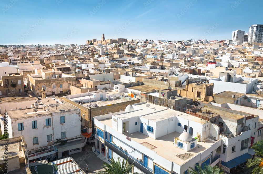 Cityscape of the medina in Sousse, Tunisia with the Kasbah in the background.
