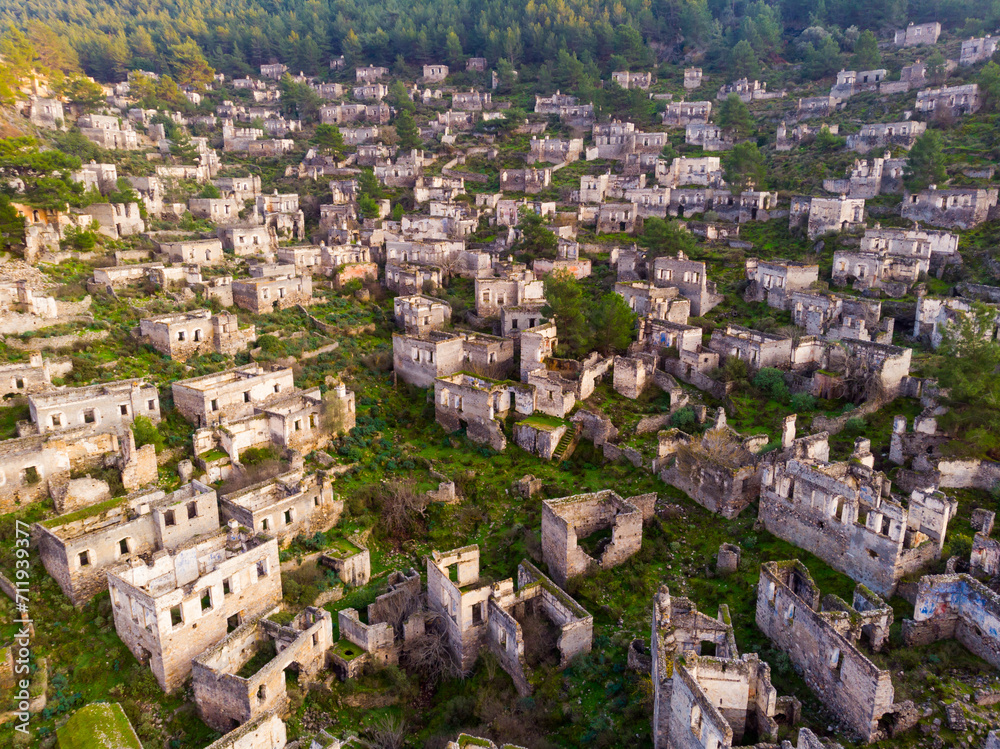 View from drone of former Greek village Kayakoy, Fethiye, Turkey