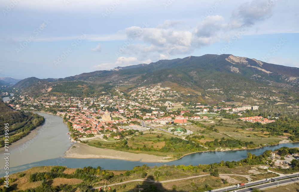 The view from the Jvari monastery to the confluence of the Kura and Aragvi rivers near the city of Mtskheta, Georgia