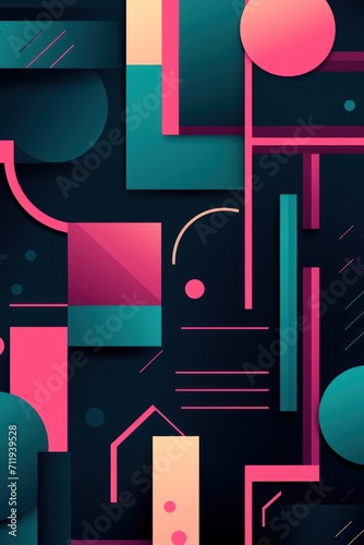 Colorful animated background, in the style of linear patterns and shapes, rounded shapes, dark teal and pink, flat shapes
