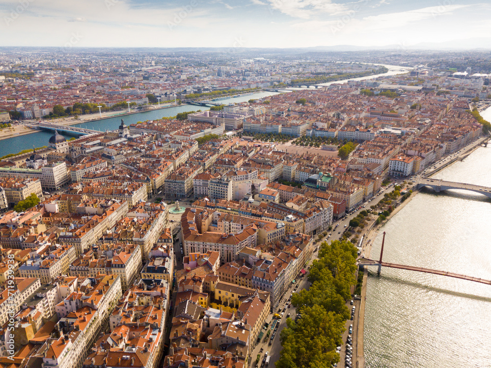 Aerial view of residential areas of third largest French city of Lyon on banks of Rhone and Saone rivers
