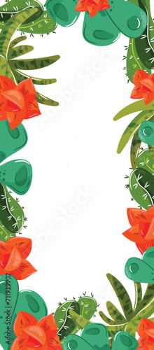 Tropical border with green leaves and red flowers. Exotic foliage frame for i...