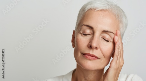 Woman With White Hair Touching Her Face Isolated on White Background Generative AI