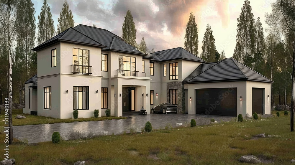 Luxurious new construction home. Modern style house with car garage  