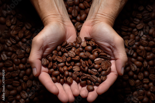 Farmer Hands Holding Rich Colombian Coffee Beans Indigenous agriculture and farming generative ai