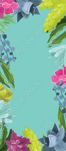 Colorful floral border with blue, yellow and pink flowers. Spring or summer b...