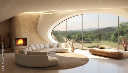 View of aesthetic eco-friendly house. A curved style minimalist sofa covered in fine fabric and a smart TV on the cream walls and the room is spacious. Environmentally friendly room concepts.