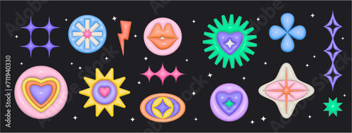 Set 3D plastic stickers. Stars, heart, kiss, abstract elements, geometric shapes, trendy, rainbow. Inflated colourful elements with plasticine effect, black background. 