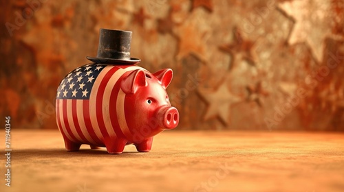 vintage piggy bank with uncle sam, American flag on piggy bank and stars in background, copy space photo