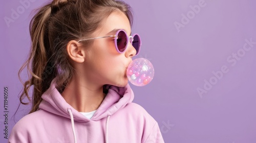 Little Girl Blowing Bubble With Sunglasses On Generative AI