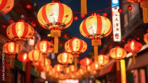 Illuminated red lanterns decoration for Asian festival celebration. Cultural tradition.