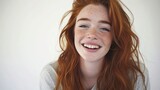 Smiling Woman With Freckled Red Hair Looks Directly at the Camera Generative AI