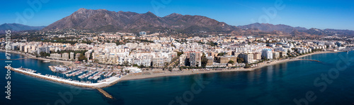 Fototapeta Naklejka Na Ścianę i Meble -  Aerial drone perspective of beautiful over luxury Puerto Banus Bay in Marbella, Costa del Sol. Spain