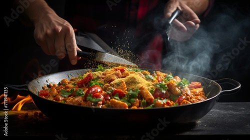 A dynamic shot of a steaming Chicken Paella being prepared, with the chef's hands in motion, skillfully mixing ingredients in a traditional paella pan