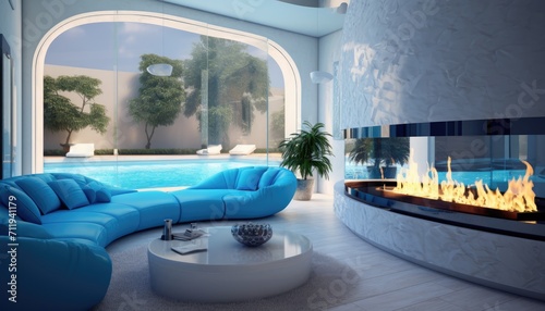 View of aesthetic eco-friendly house. A curved style minimalist sofa covered in fine fabric and a smart TV on the cream walls and the room is spacious. Environmentally friendly room concepts.