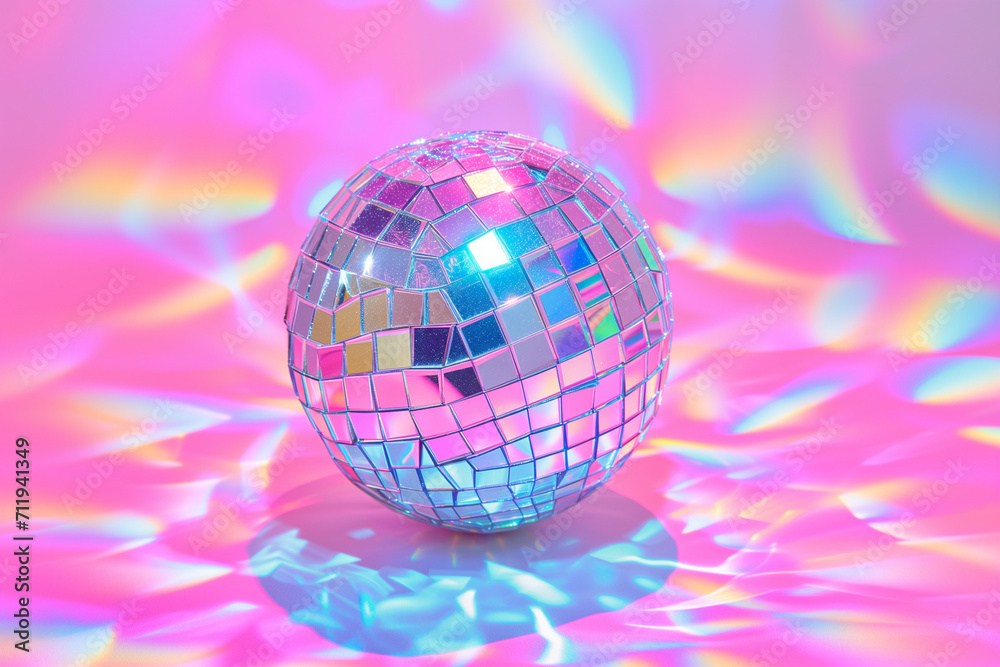 Close up of disco ball with iridescent colorful light reflections and shine. Minimal concept of having fun, discoteqe and dancing Close up of disco ball with iridescent colorful light reflections and shine. Minimal concept of having fun, discoteqe and dancing