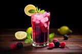A beautiful snapshot of a refreshing Mulberry Lemonade set against the backdrop of a warmly lit rustic setting